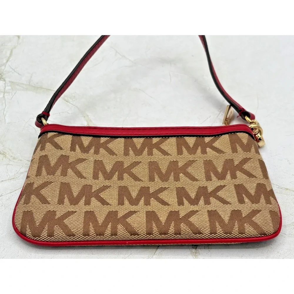 Michael Kors Jacquard‎ Monagram Wristlet Mini Bag Red Leather Signature Lining